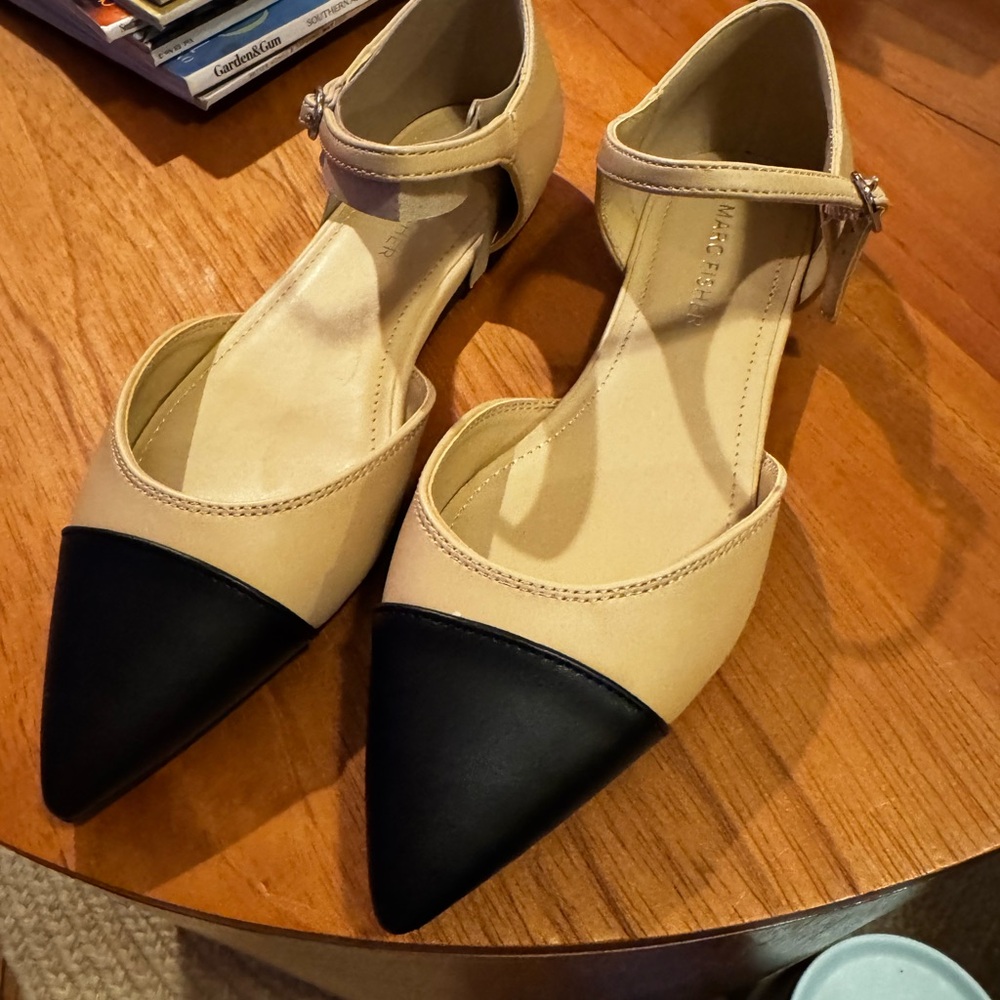 Marc Fisher Tan and Black Ankle Strap Flats